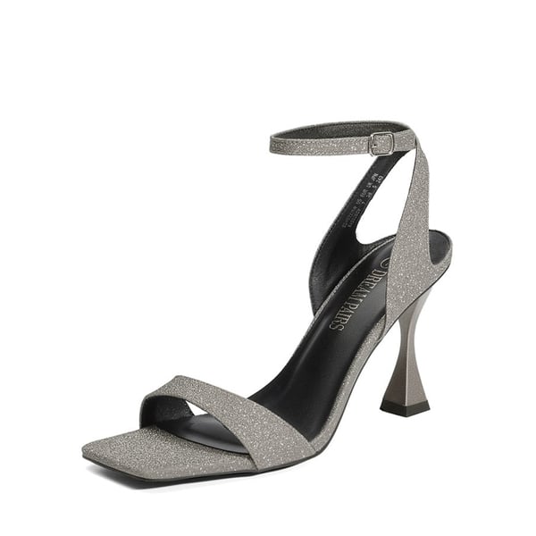 Square Toe Ankle Strap Stiletto Sandals  - SILVER GRAY -  0